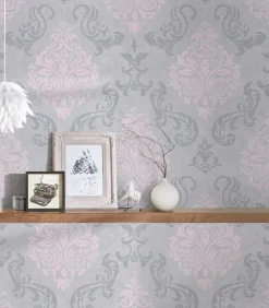 Vliestapete Barock Glitzer AS Creation grau rosa 95372-6