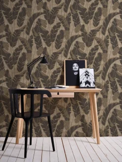 Vliestapete Blattmuster Beige Schwarz Gold Metallic 39502-4