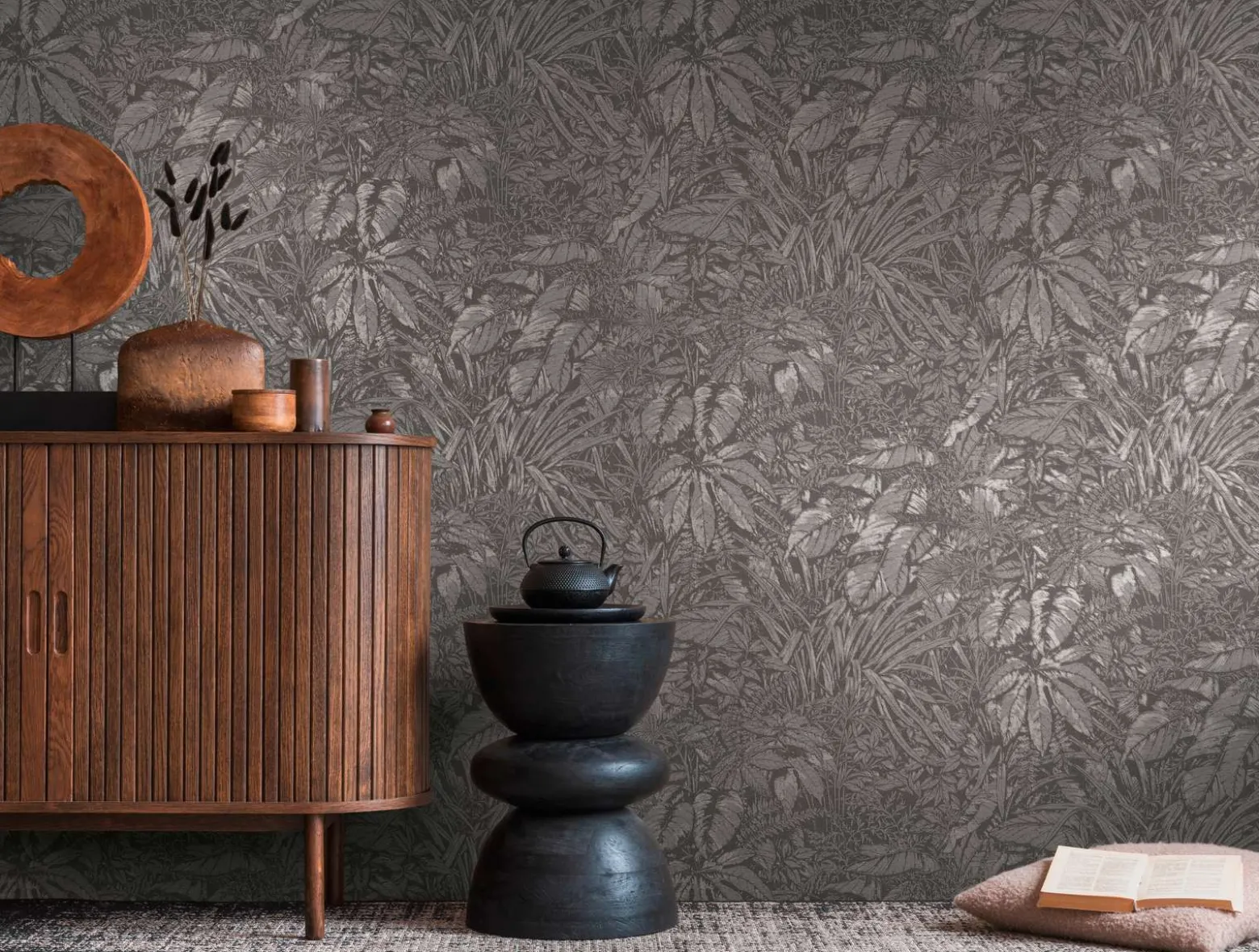 Vliestapete Blattmuster Grau Silber Metallic 39560-7