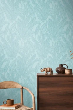 Vliestapete Blattmuster Tropen Blau Metallic 79064-3