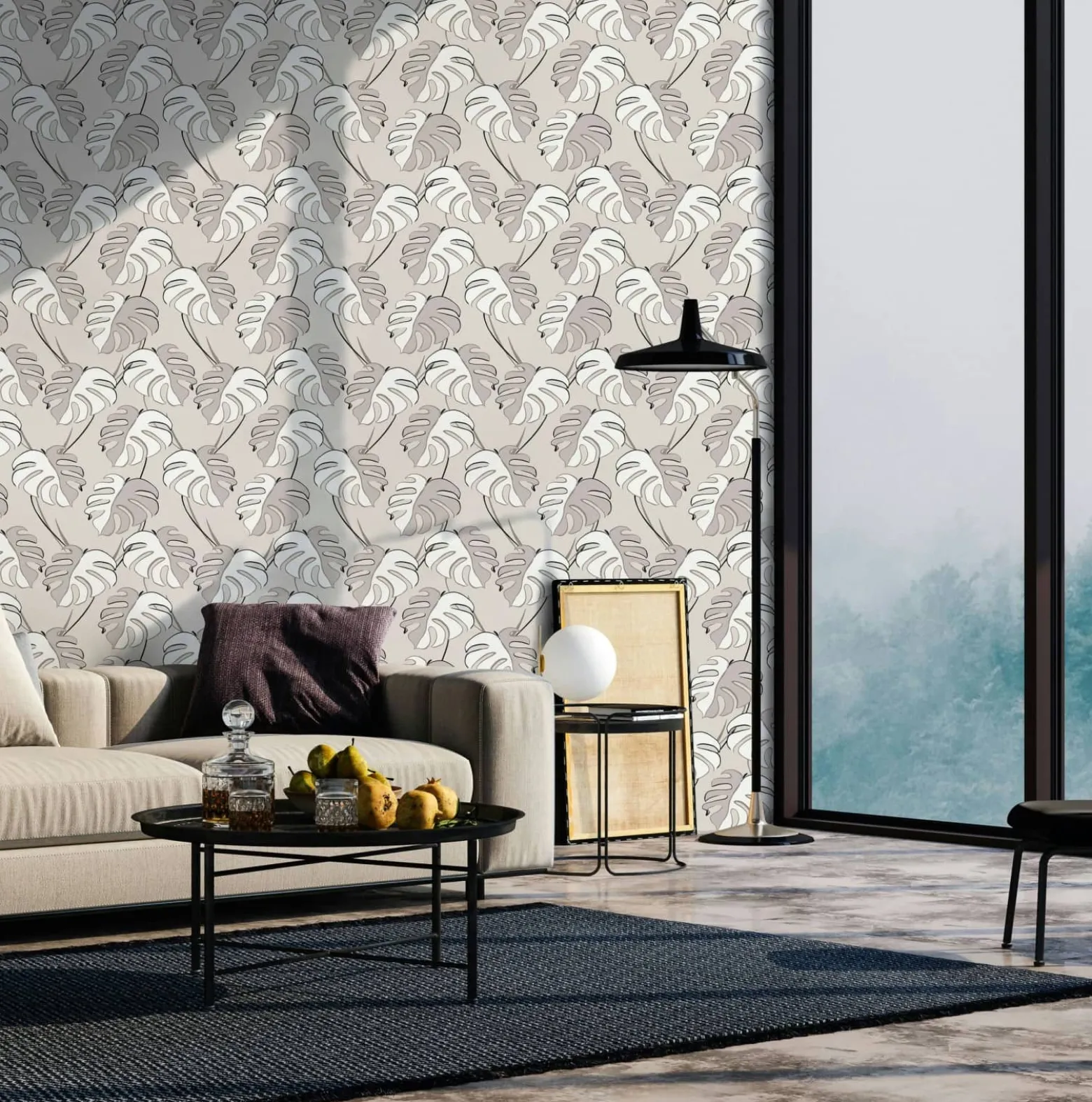 Vliestapete Blattmuster Tropisch Grau Beige Braun 81606