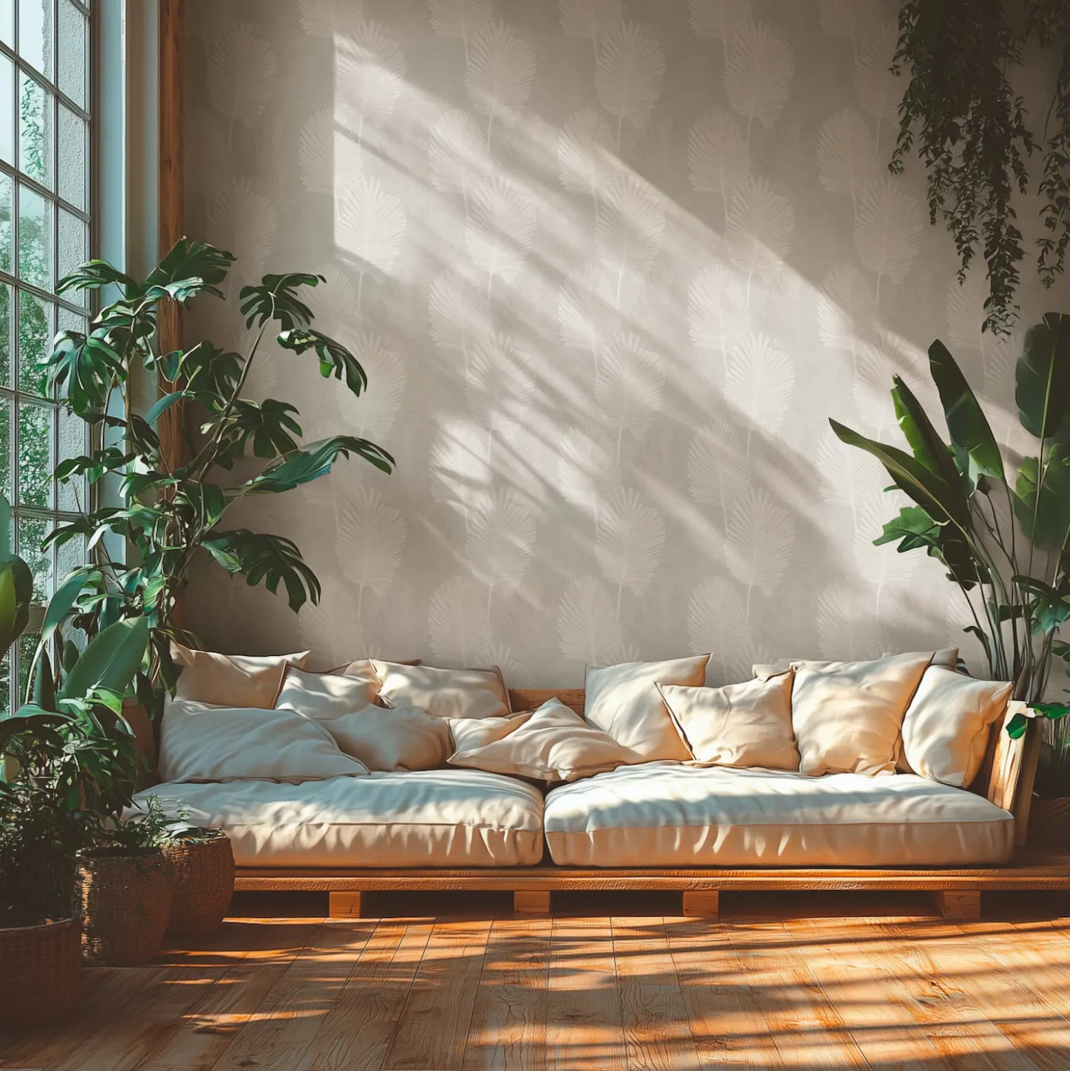Vliestapete Blattmuster Tropen Grau Creme Glanz 78673-2