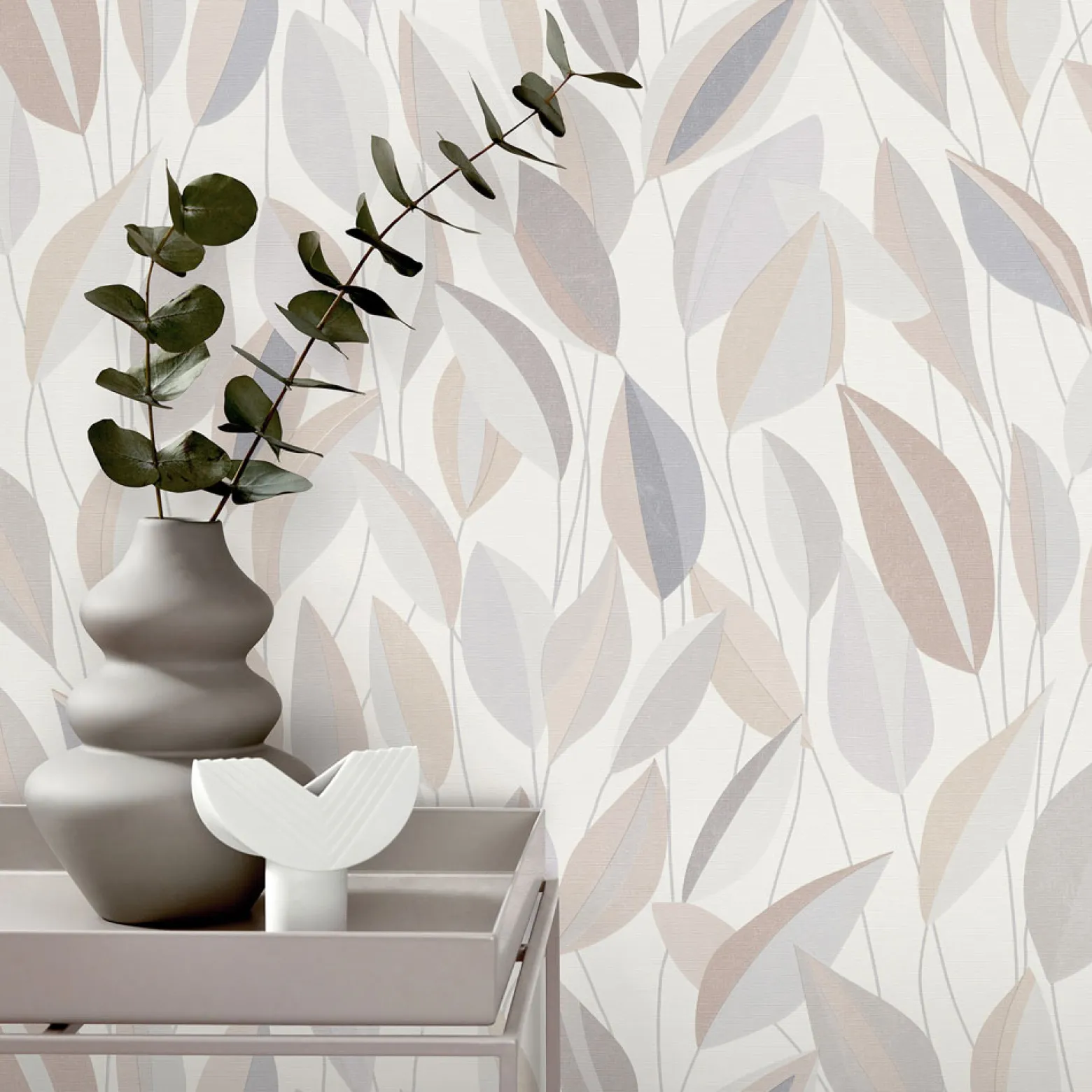 Vliestapete Blattmuster Weiß Grau Beige 10431-31