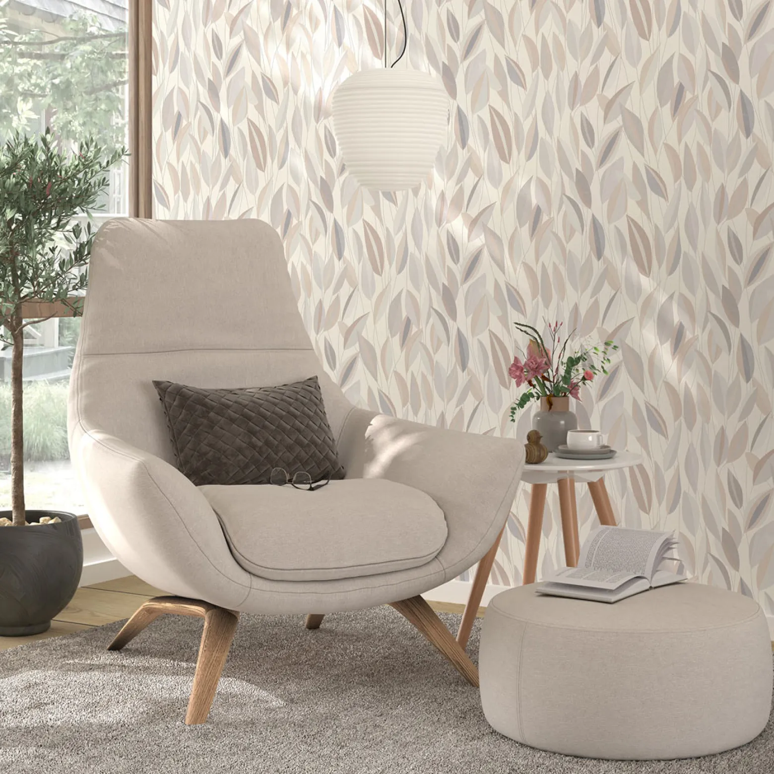 Vliestapete Blattmuster Weiß Grau Beige 10431-31