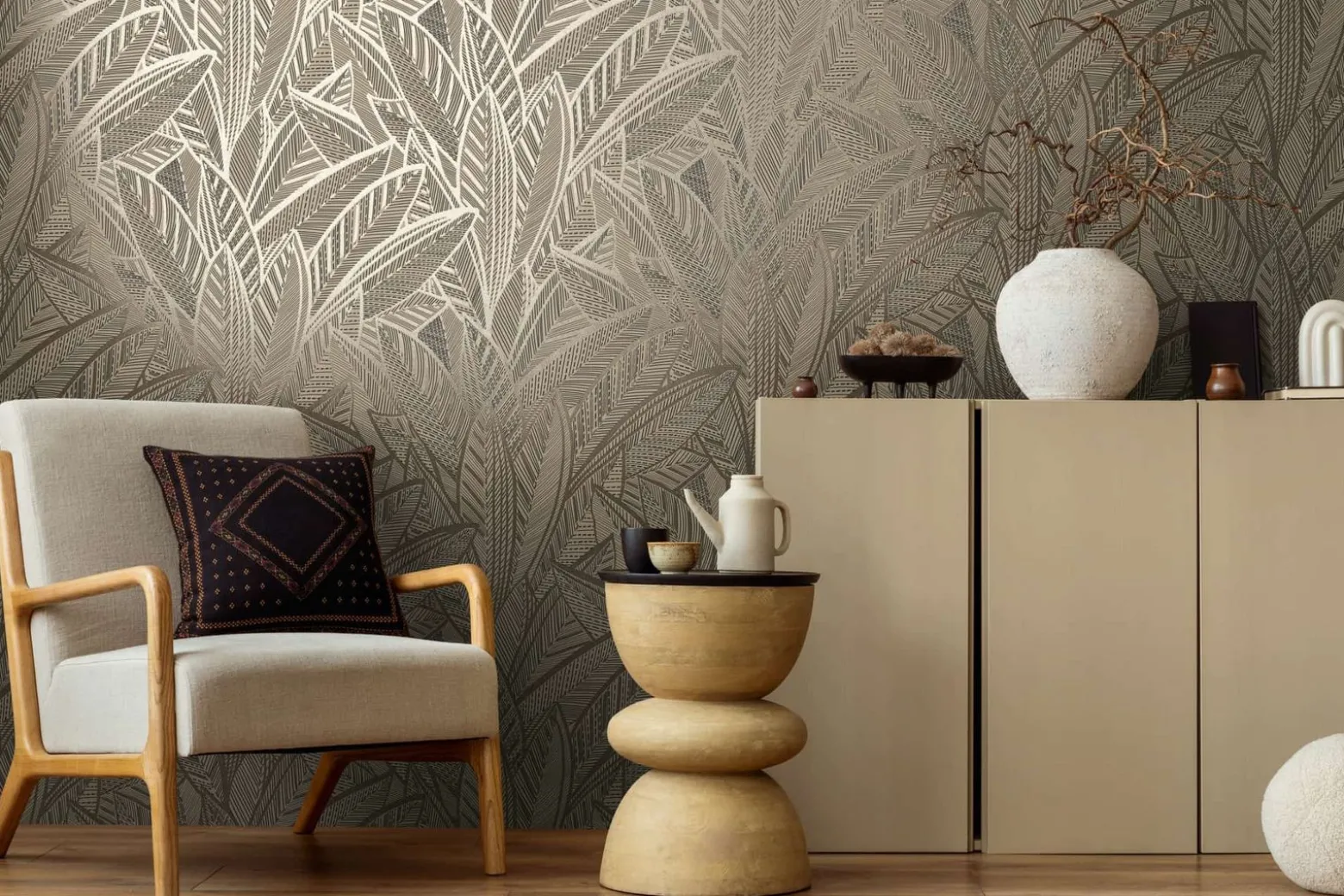 Vliestapete Blätter Beige Schwarz Metallic 39933-2
