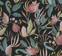 Vliestapete Blätter Blumen Schwarz Rosa Grün 79062-2