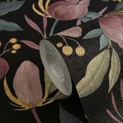 Vliestapete Blätter Blumen Schwarz Rosa Grün 79062-2