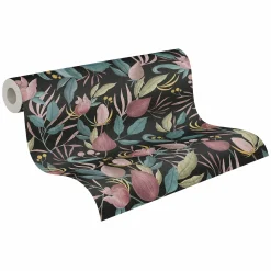 Vliestapete Blätter Blumen Schwarz Rosa Grün 79062-2