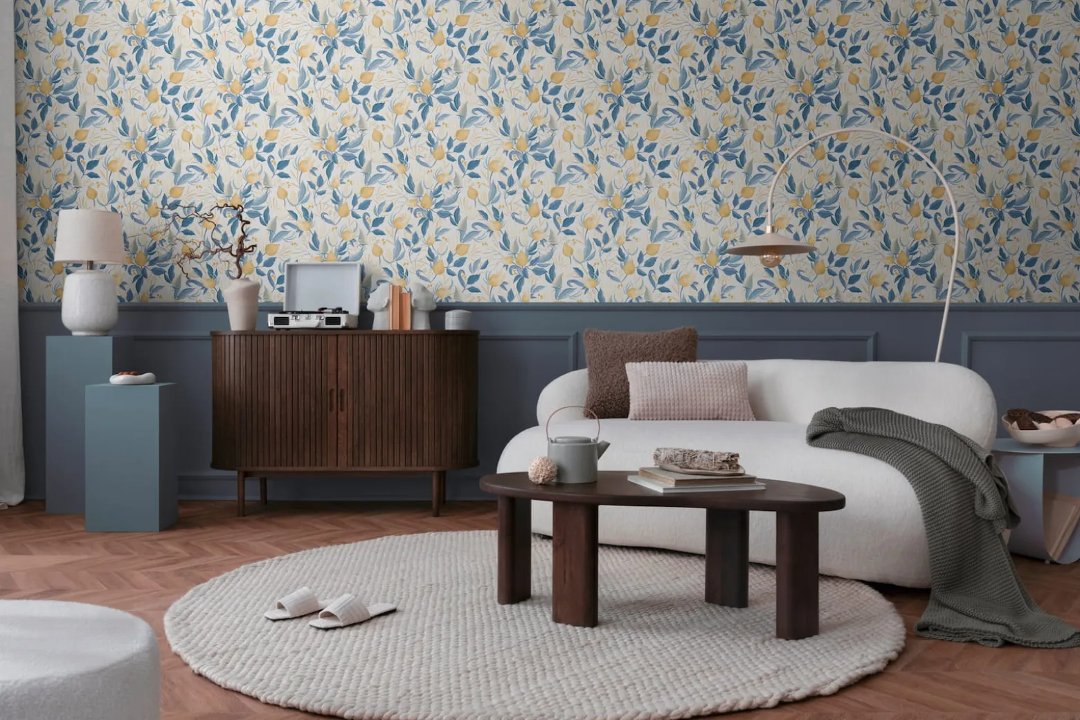 Vliestapete Blätter Blumen Weiß Blau Gelb 79062-6
