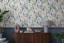 Vliestapete Blätter Blumen Weiß Blau Gelb 79062-6