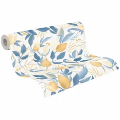 Vliestapete Blätter Blumen Weiß Blau Gelb 79062-6