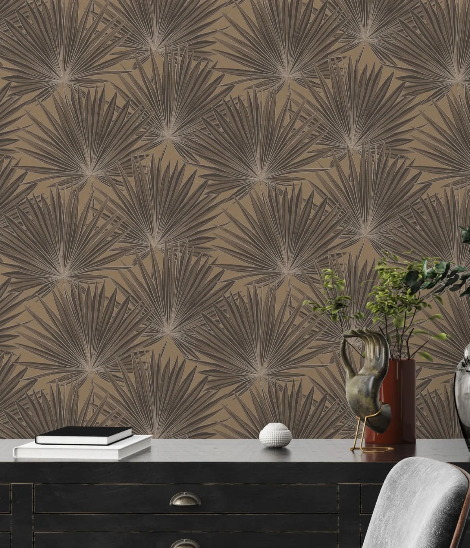 Vliestapete Blätter Braun Schwarz Gold Metallic 39090-4