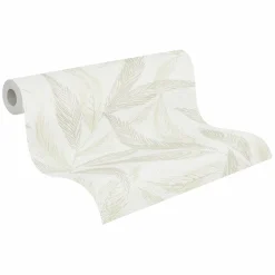 Vliestapete Blätter Creme Grün Silber Metallic 79096-1