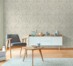 Vliestapete Blätter Creme Grün Silber Metallic 79096-1