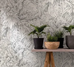 Vliestapete Blätter Dschungel Floral grau weiß 33308