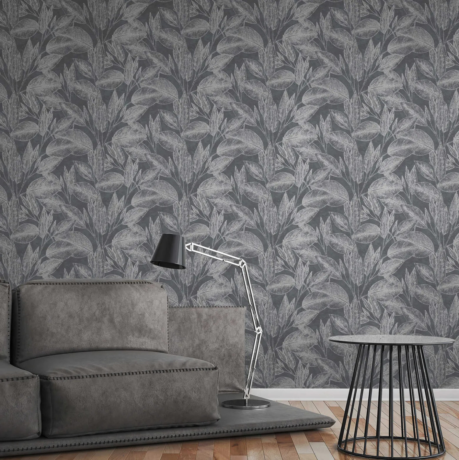 Vliestapete Blätter Floral anthrazit metallic 37836-4