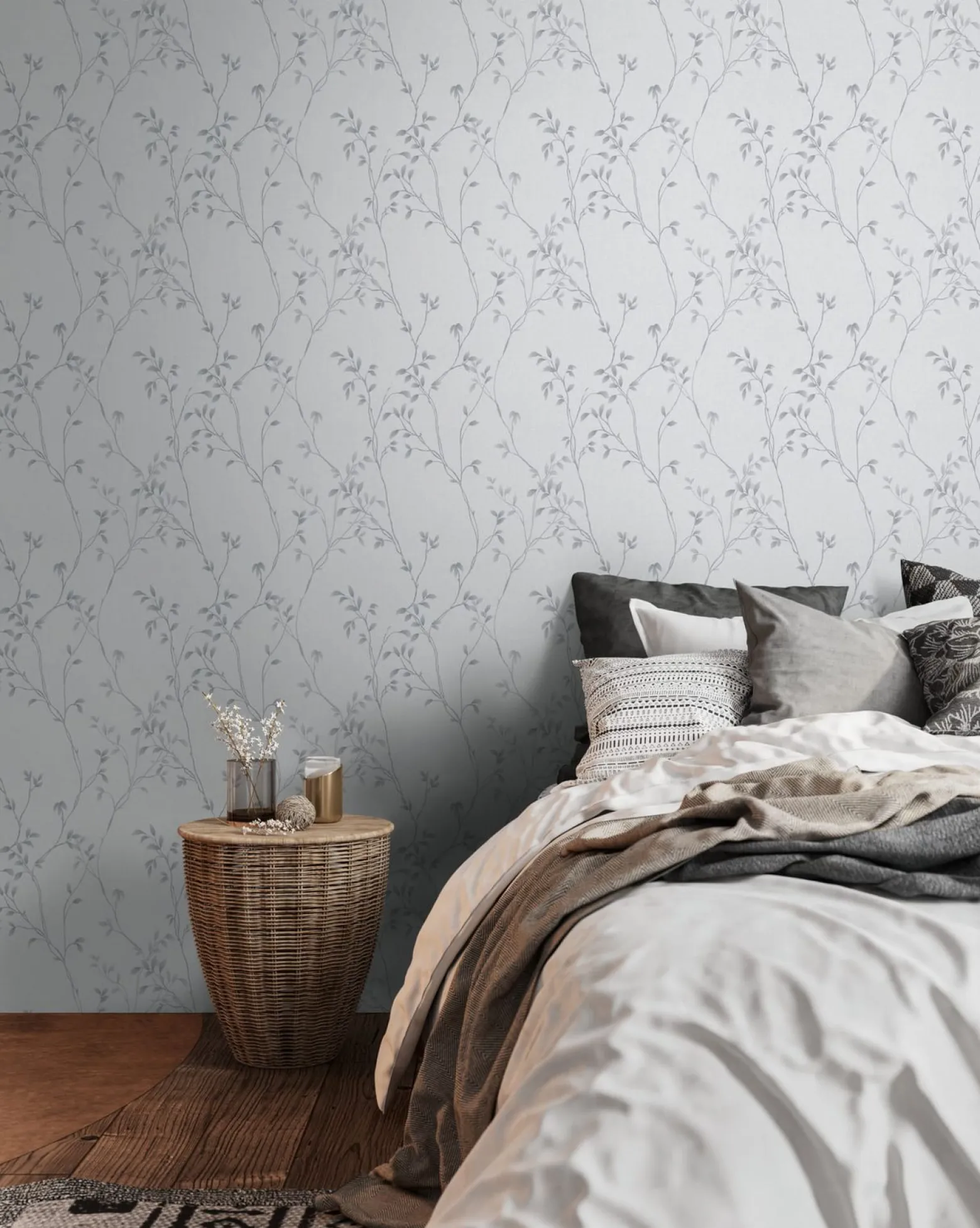 Vliestapete Blätter Floral Aquarell Hellgrau 39767-4