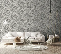 Vliestapete Blätter Floral Beige Schwarz Weiß 82338
