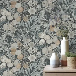 Vliestapete Blätter Floral Blau Grau Braun 10506-44