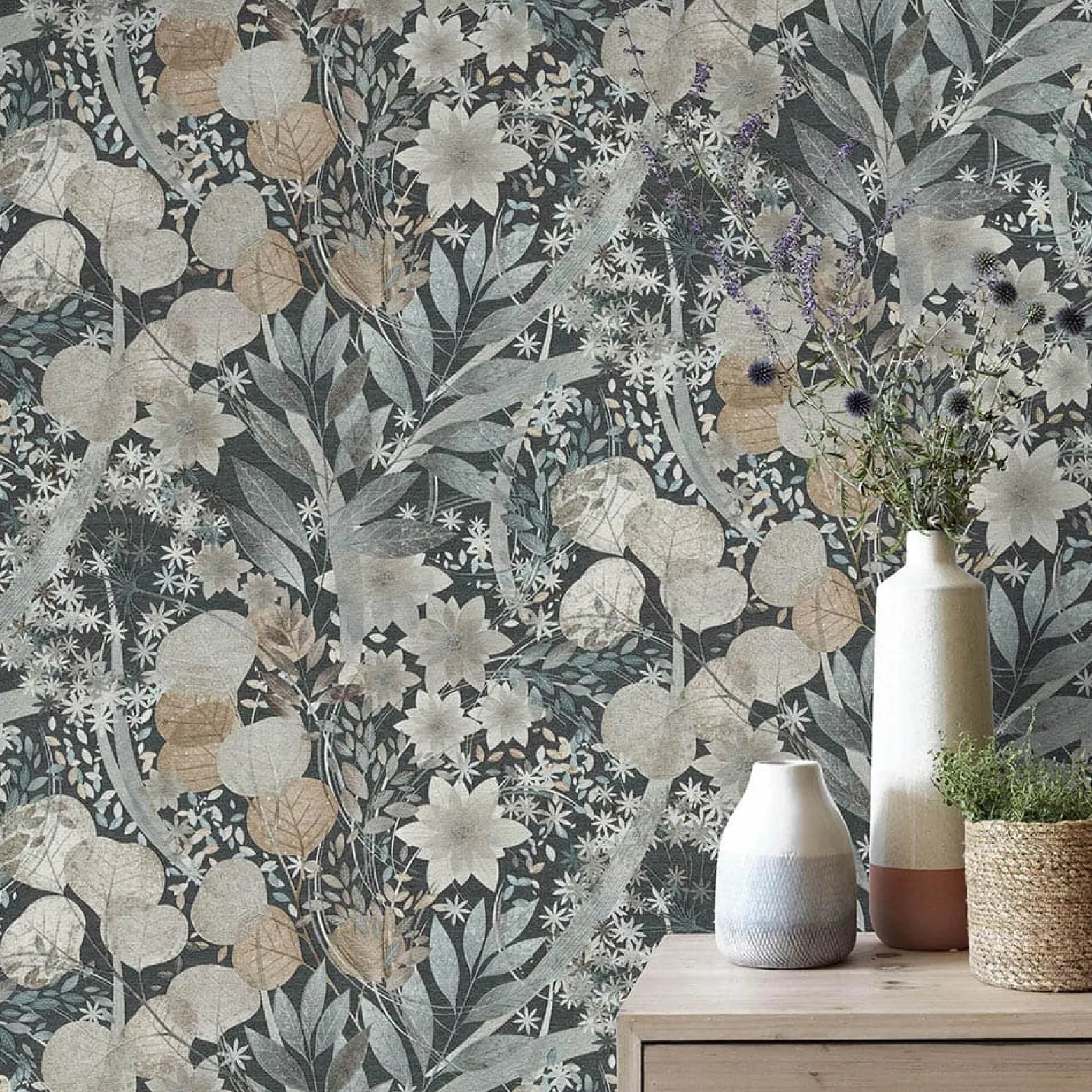 Vliestapete Blätter Floral Blau Grau Braun 10506-44