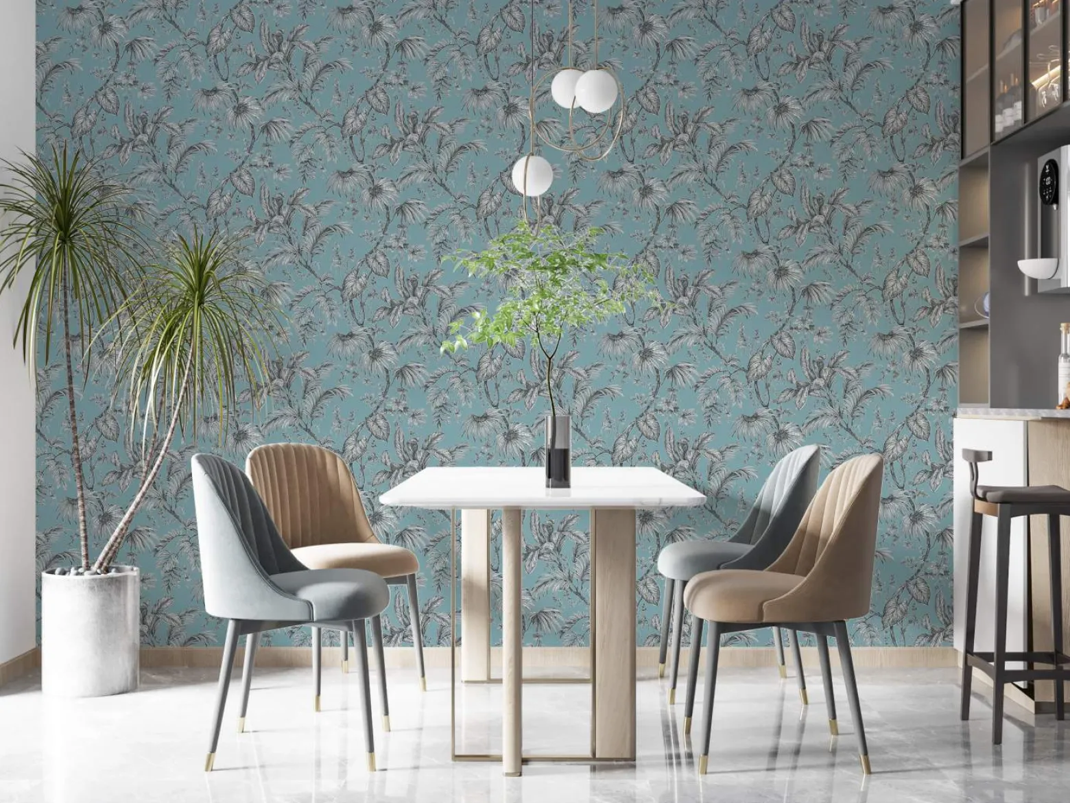 Vliestapete Blätter Floral Blau Schwarz Weiß 82340