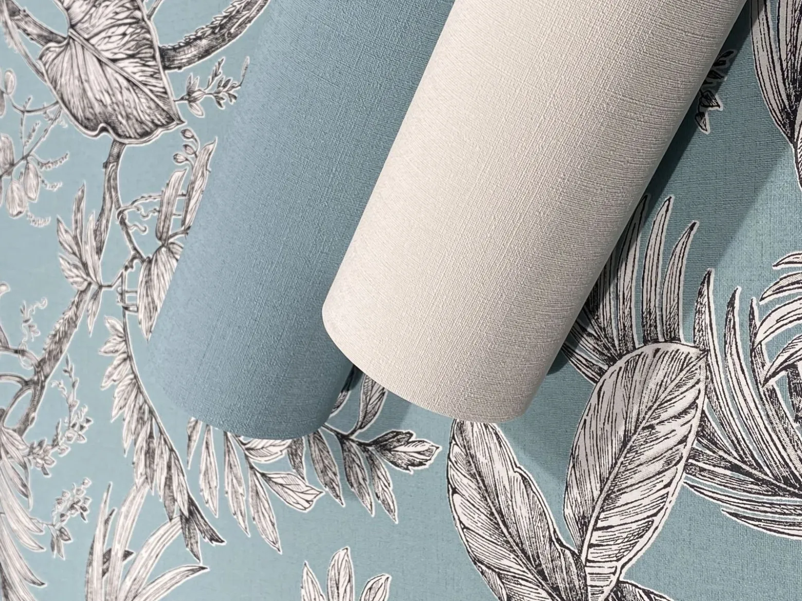 Vliestapete Blätter Floral Blau Schwarz Weiß 82340