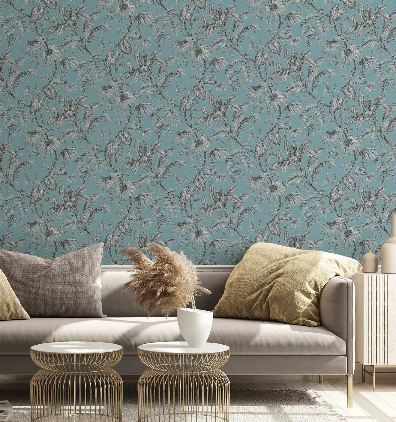Vliestapete Blätter Floral Blau Schwarz Weiß 82340