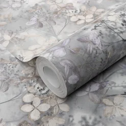 Vliestapete Blätter Floral Grau Lila Creme 10415-31
