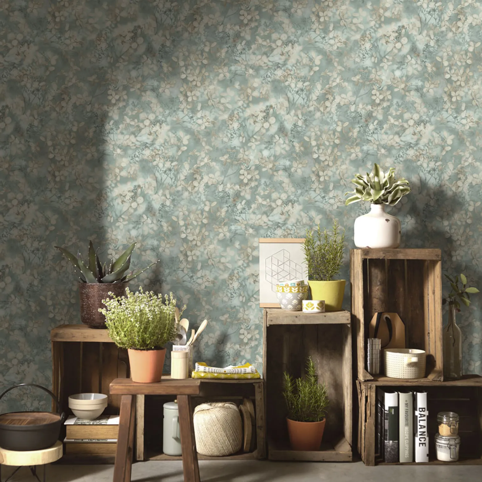 Vliestapete Blätter Floral Grün Creme Blau 10415-07
