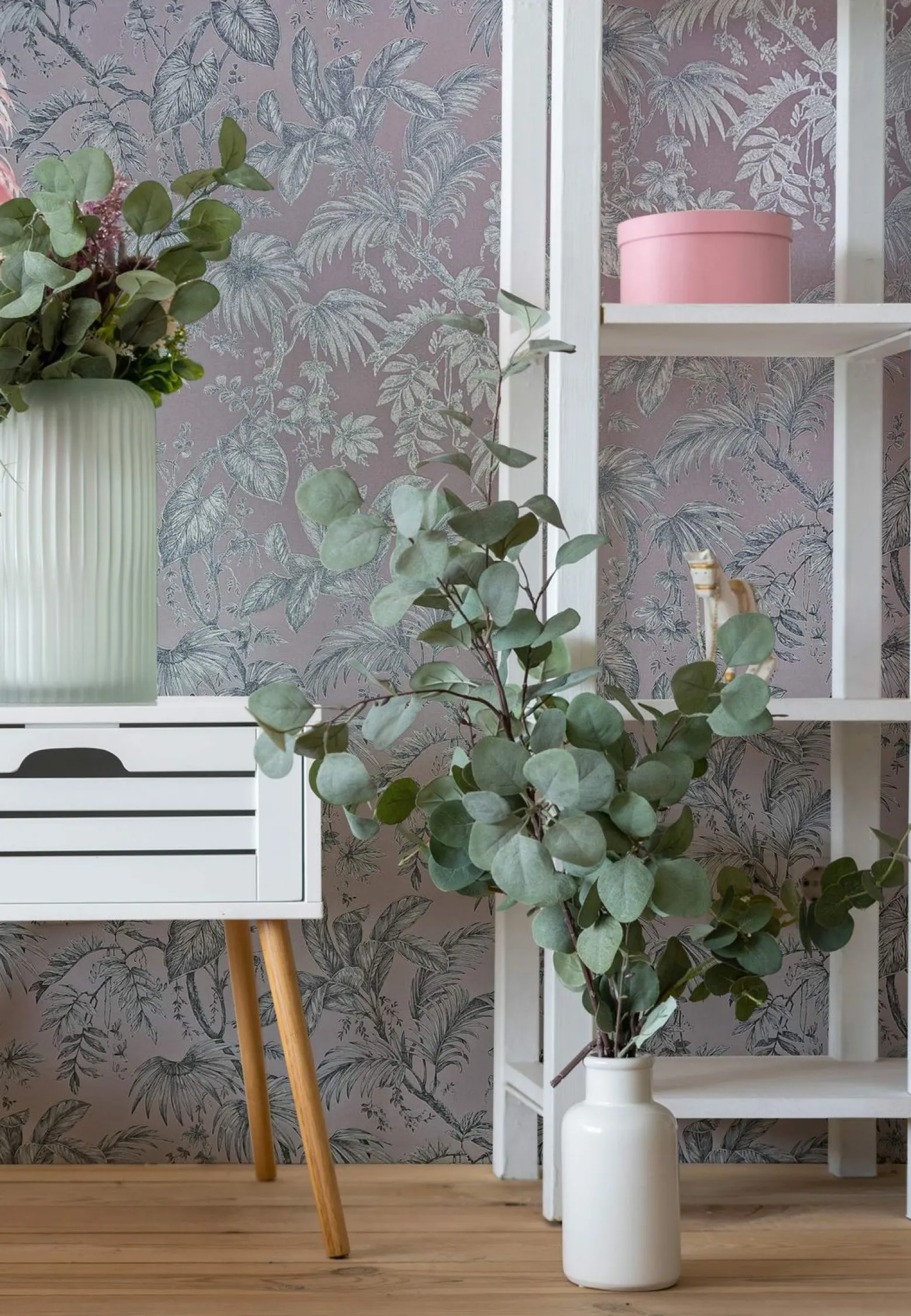 Vliestapete Blätter Floral Rosa Silber Metallic 82339