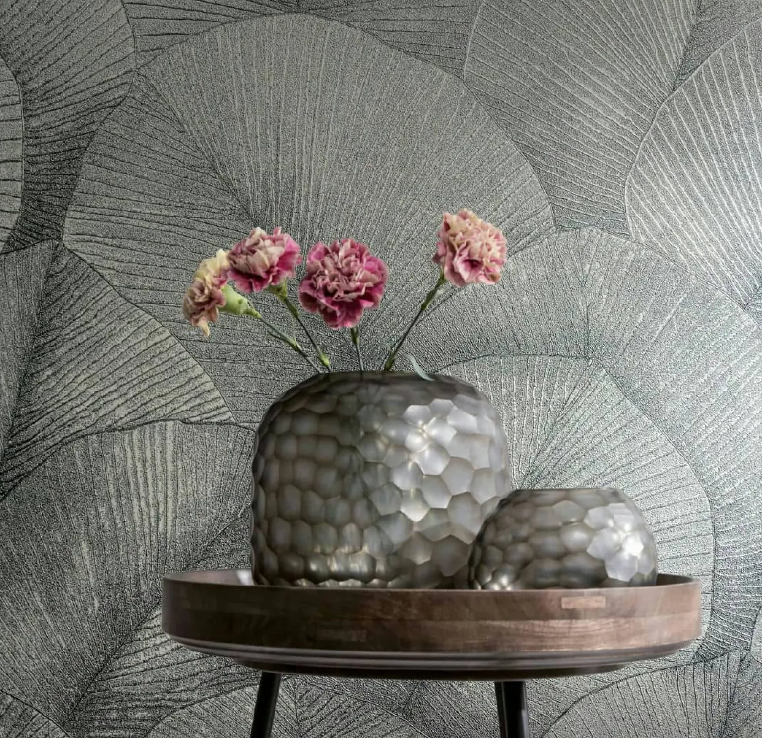 Vliestapete Blätter Floral Struktur Silber Metallic 34514