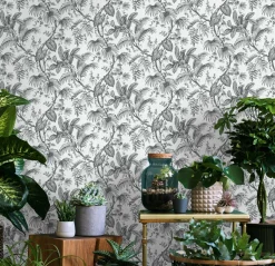 Vliestapete Blätter Floral Tropen Weiß Schwarz 82337