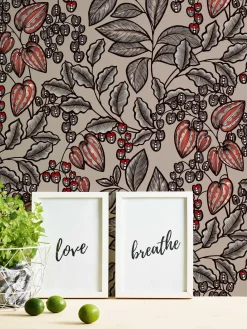 Vliestapete Blätter Früchte beige grau rot 37754-3