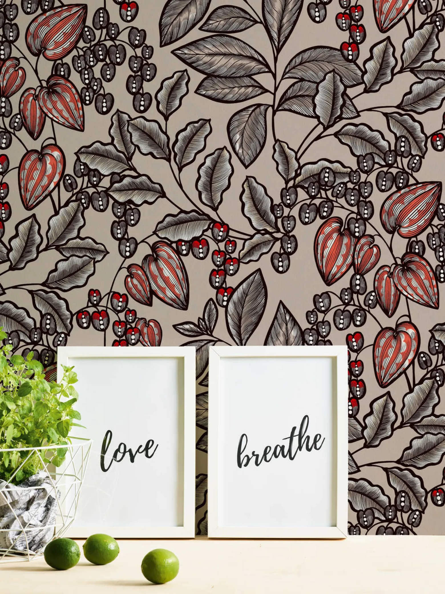Vliestapete Blätter Früchte beige grau rot 37754-3