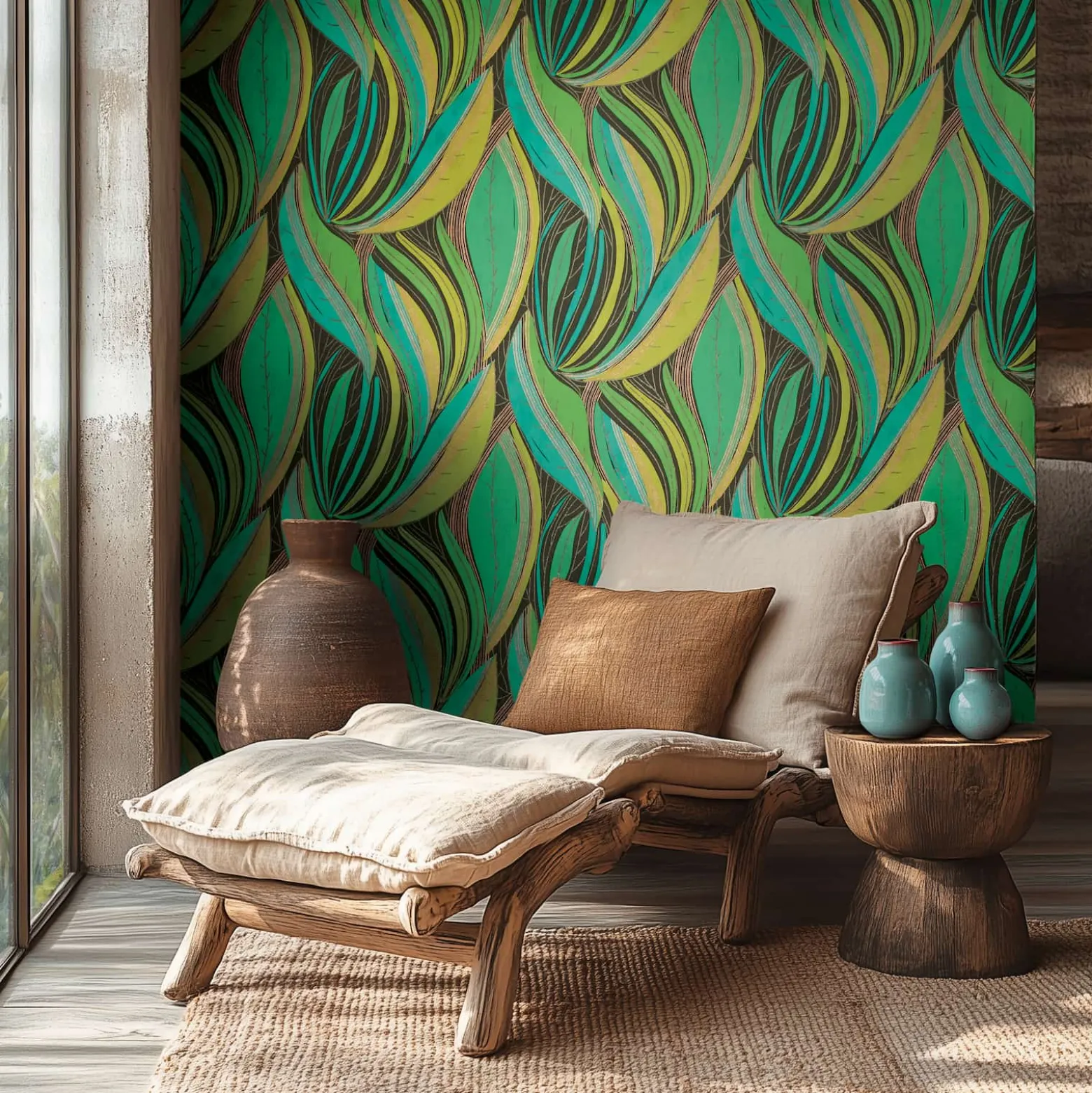 Vliestapete Blätter Grafisch Grün Kupfer Metallic 78655-1