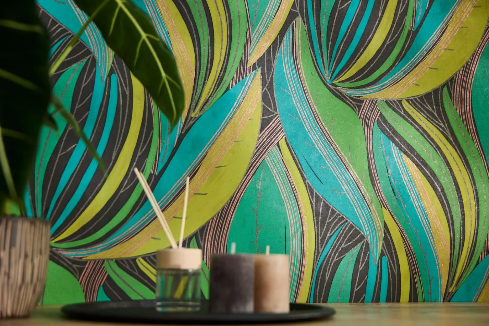 Vliestapete Blätter Grafisch Grün Kupfer Metallic 78655-1