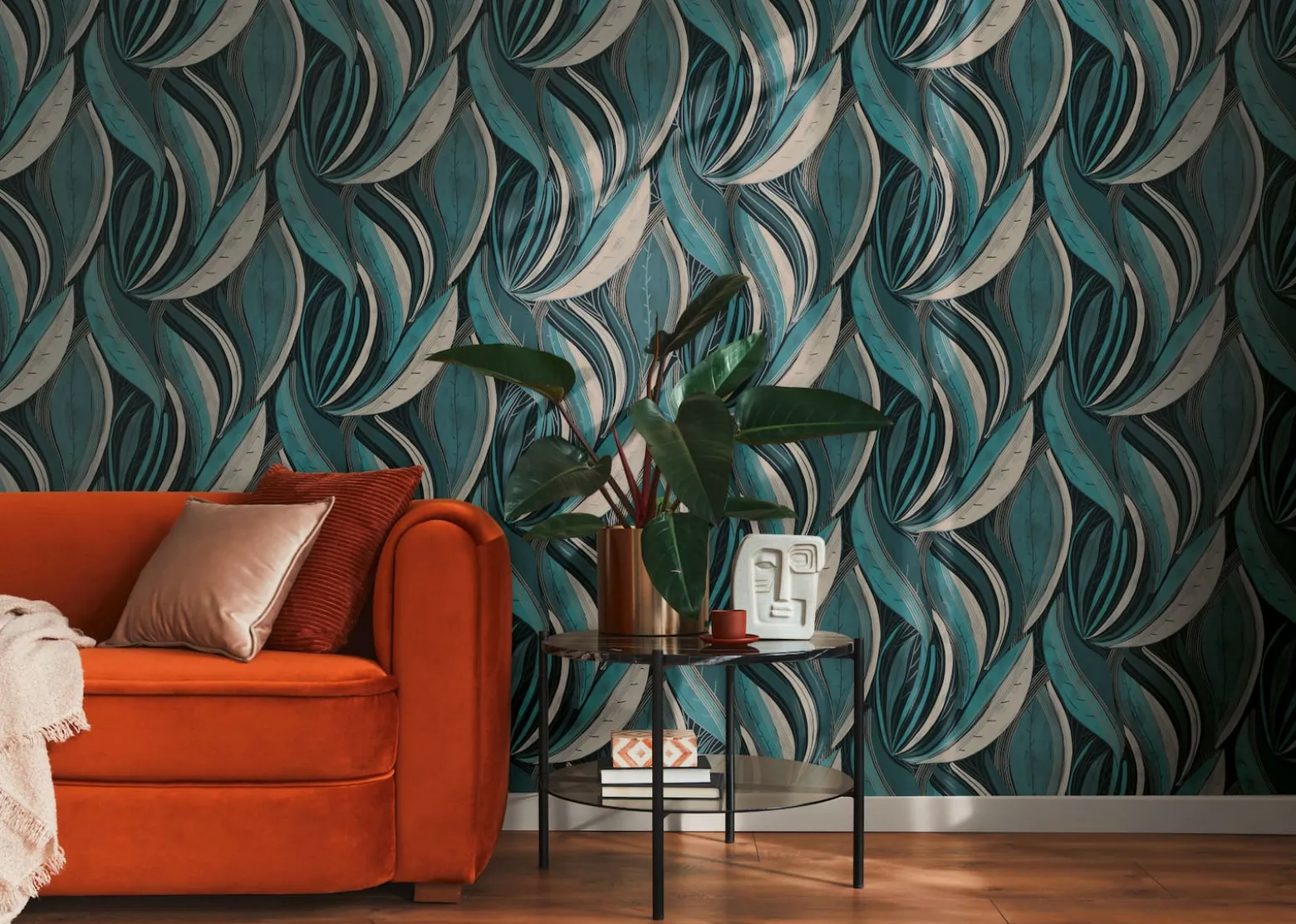 Vliestapete Blätter Grafisch Blau Silber Metallic 78655-2