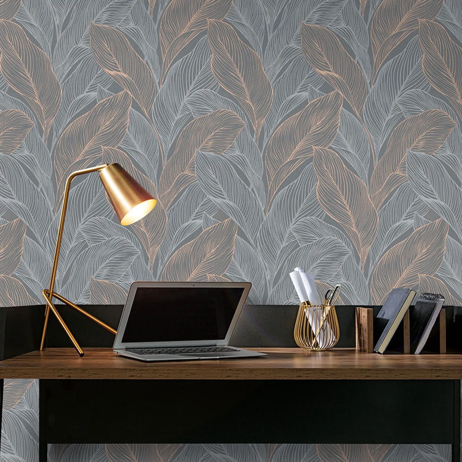 Vliestapete Blätter Grau Kupfer Metallic 10282-10
