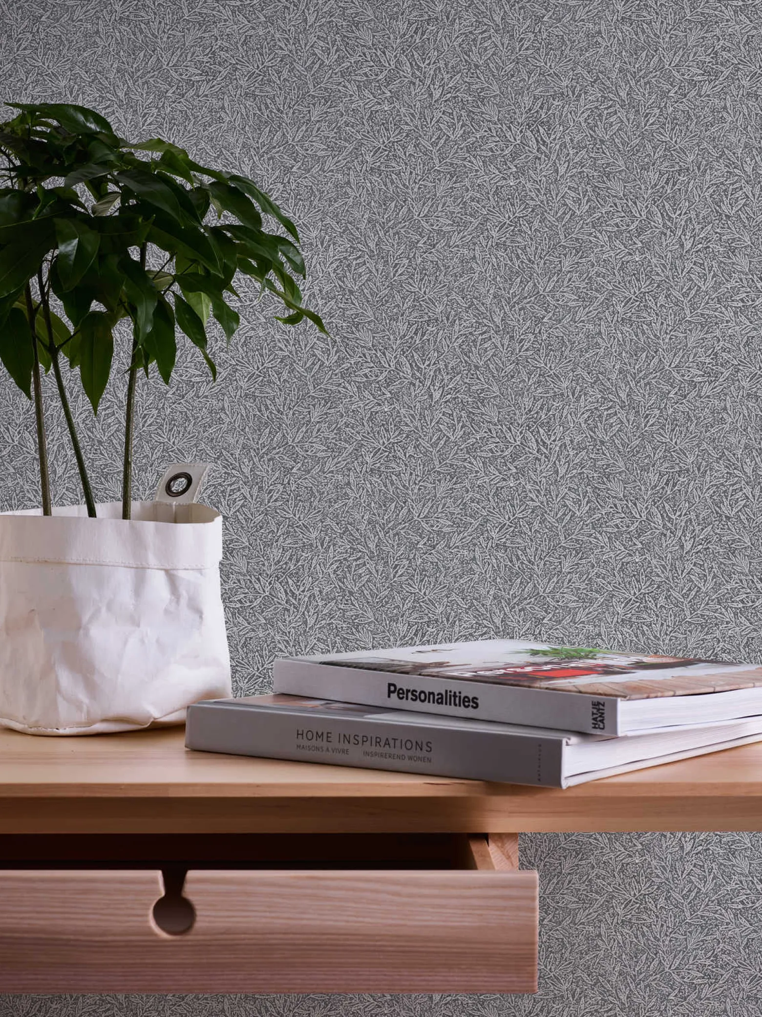 Vliestapete Blätter-Muster anthrazit metallic 37837-2
