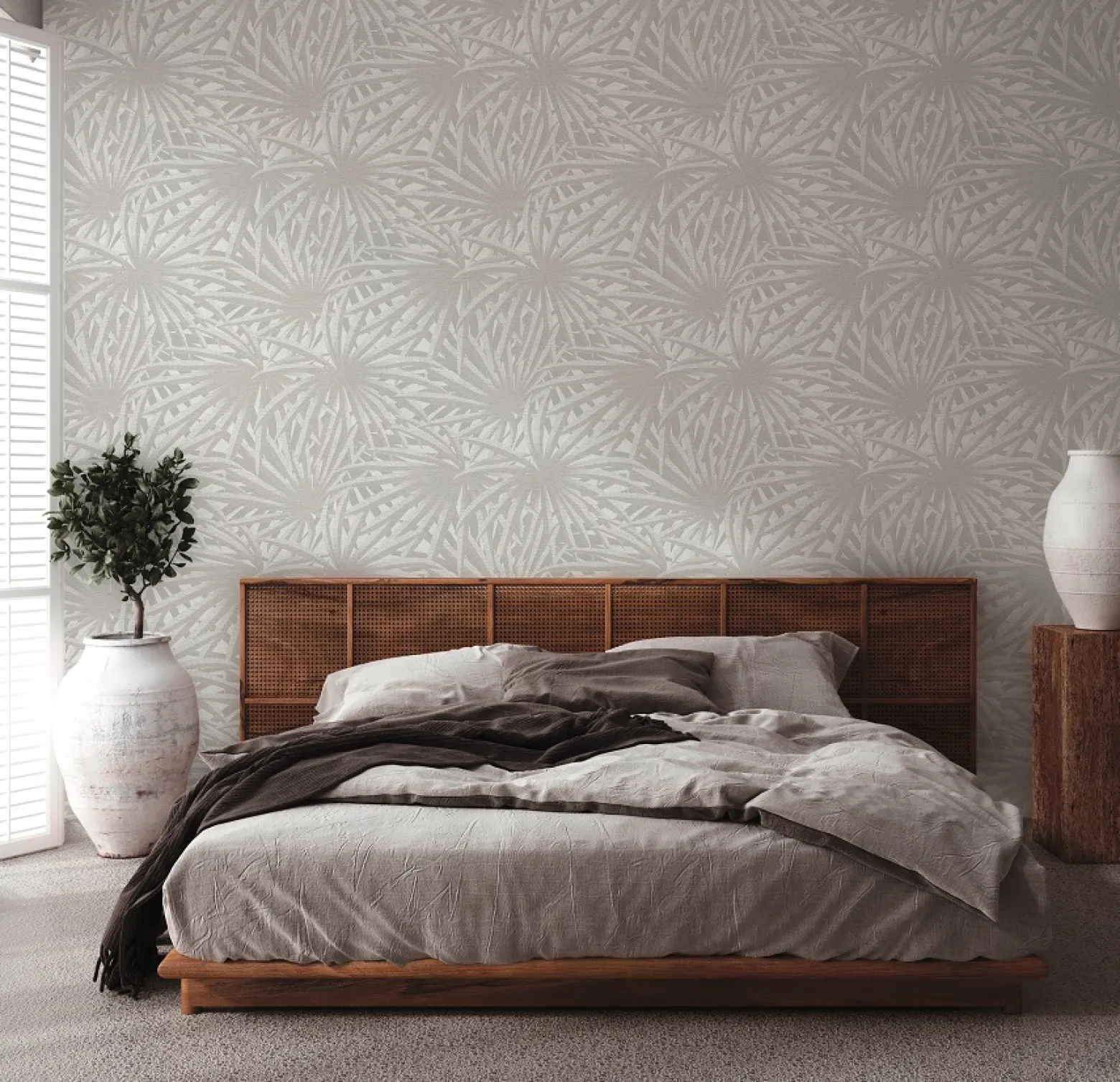 Vliestapete Blätter Palme grau weiß Glitzer 37861-4