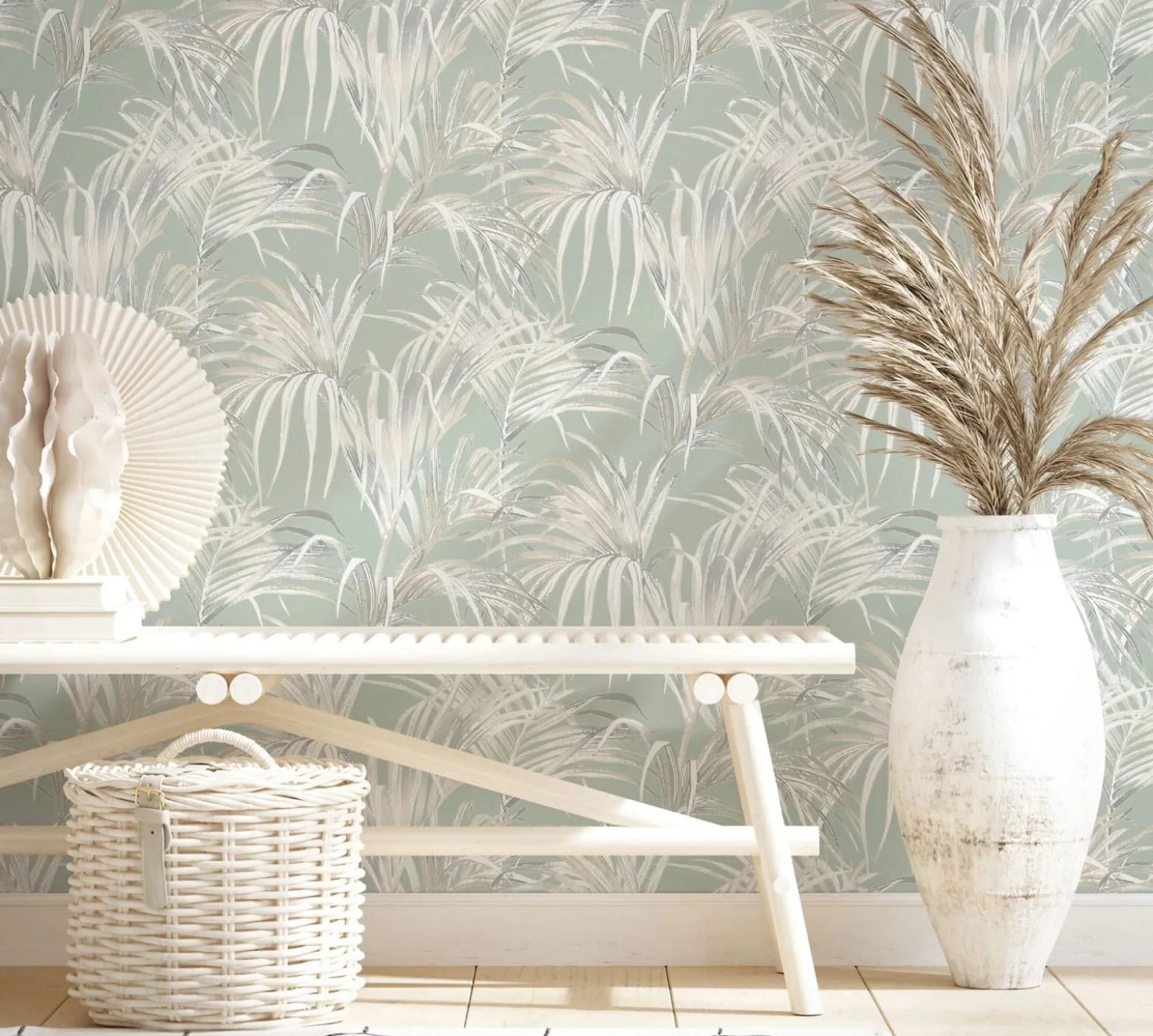 Vliestapete Blätter Palme Struktur Beige Grün 82414
