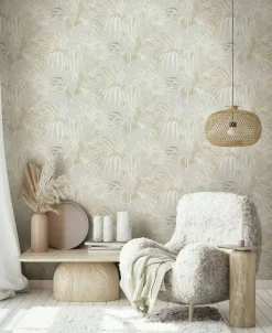 Vliestapete Blätter Palme Struktur Beige Grau 82413