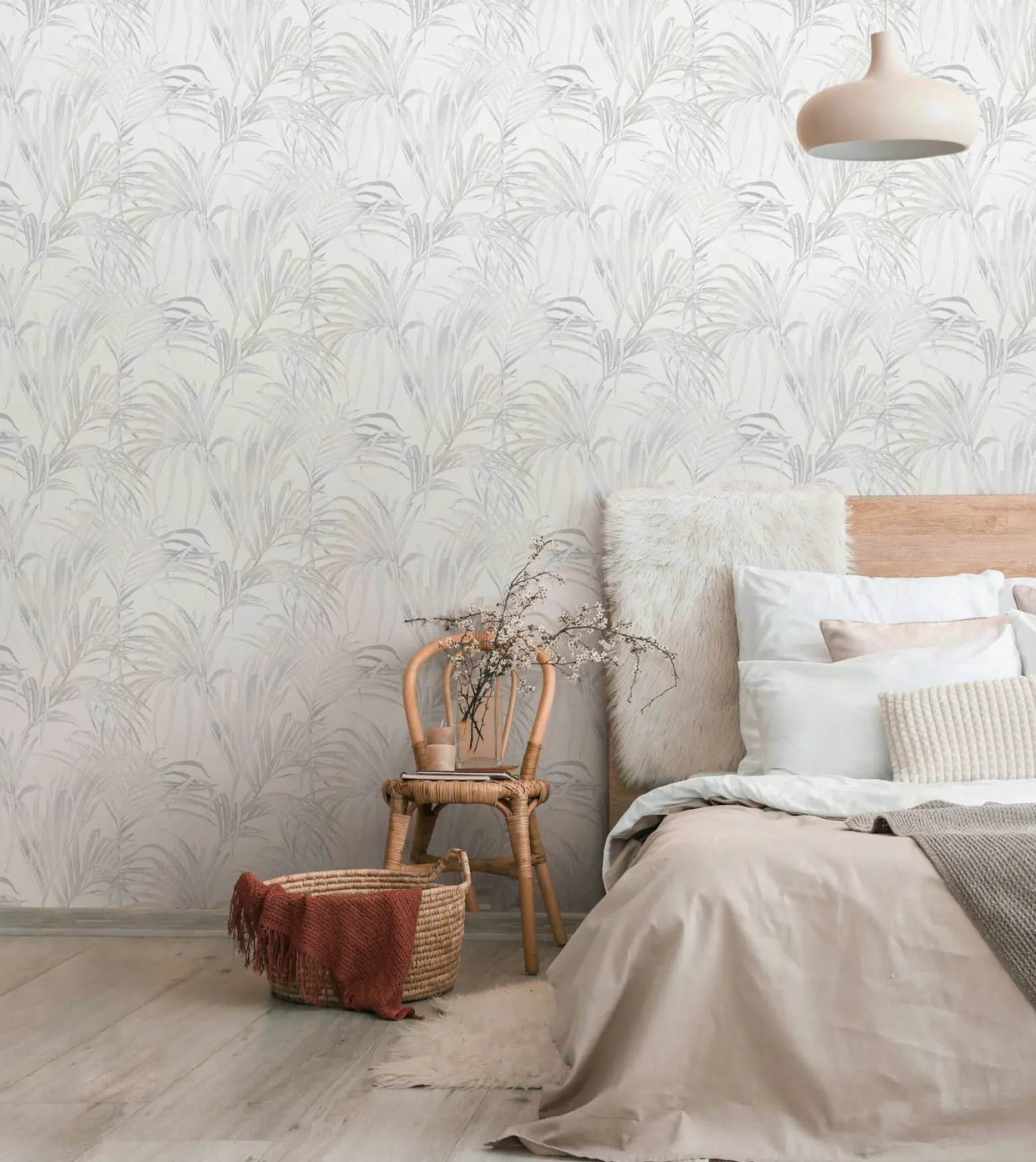 Vliestapete Blätter Palme Struktur Weiß Beige 82412