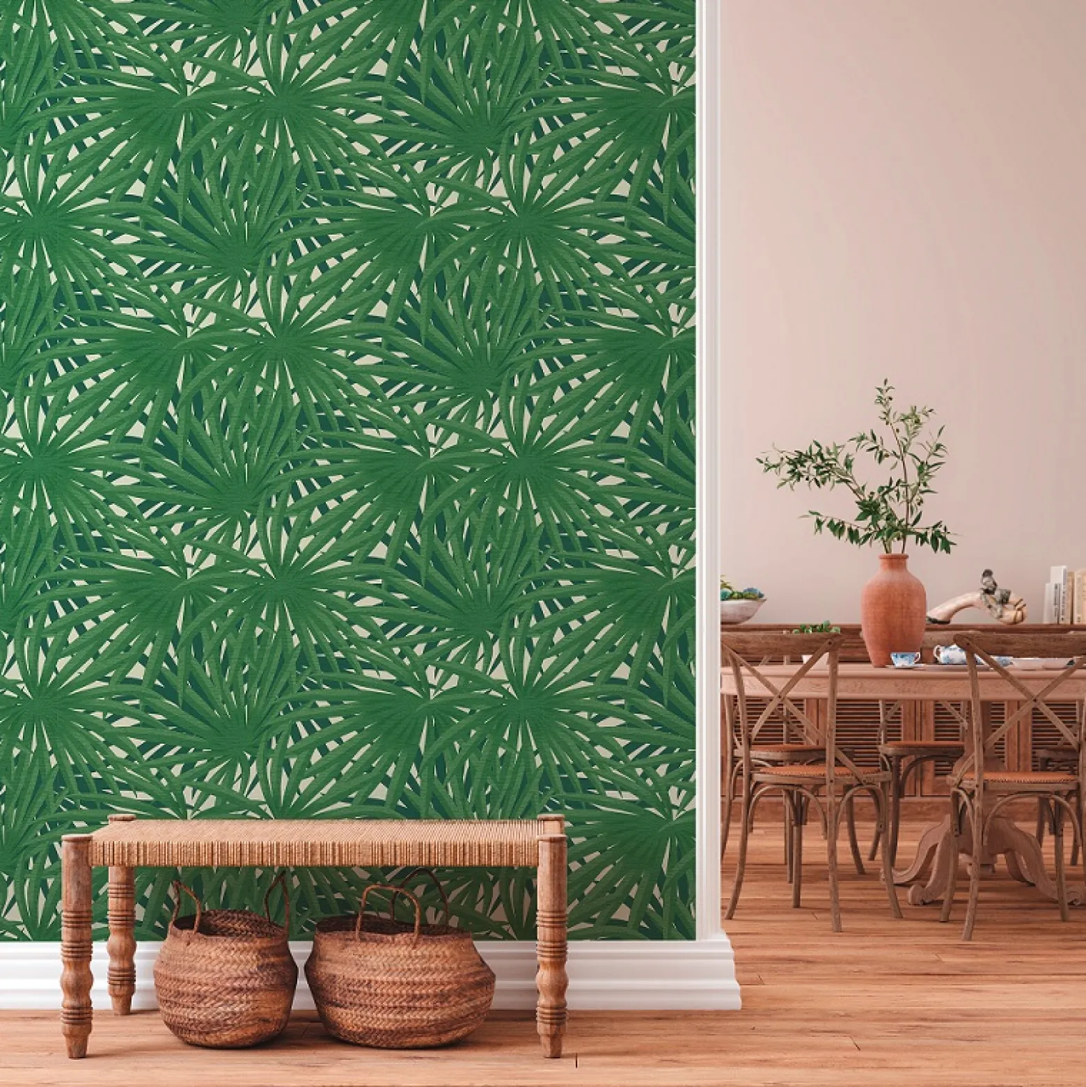 Vliestapete Blätter Palme weiß grün Glitzer 37861-3