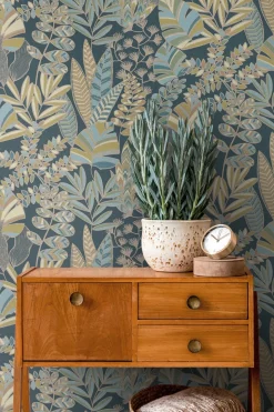Vliestapete Blätter Pflanzen Blau Gold Metallic 39095-5