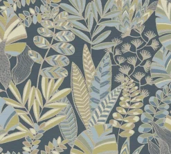 Vliestapete Blätter Pflanzen Blau Gold Metallic 39095-5