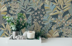 Vliestapete Blätter Pflanzen Blau Gold Metallic 39095-5