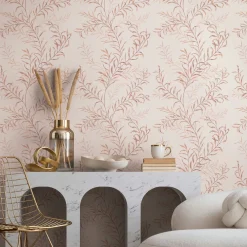 Vliestapete Blätter Ranken Rosa Orange Beige 89016