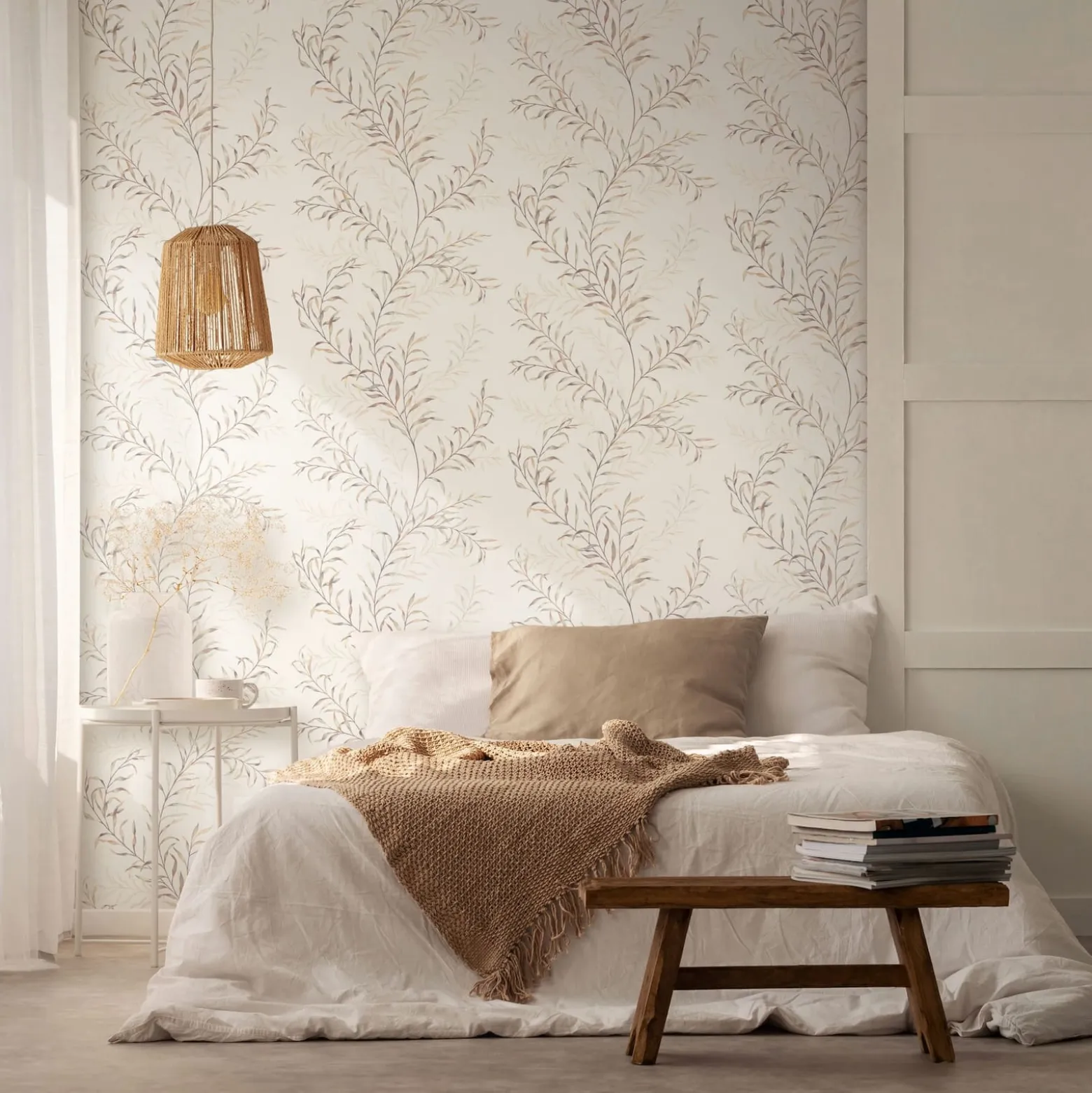 Vliestapete Blätter Ranken Weiß Beige Grün 89015