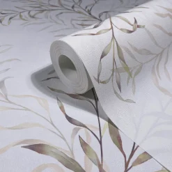 Vliestapete Blätter Ranken Weiß Beige Grün 89015